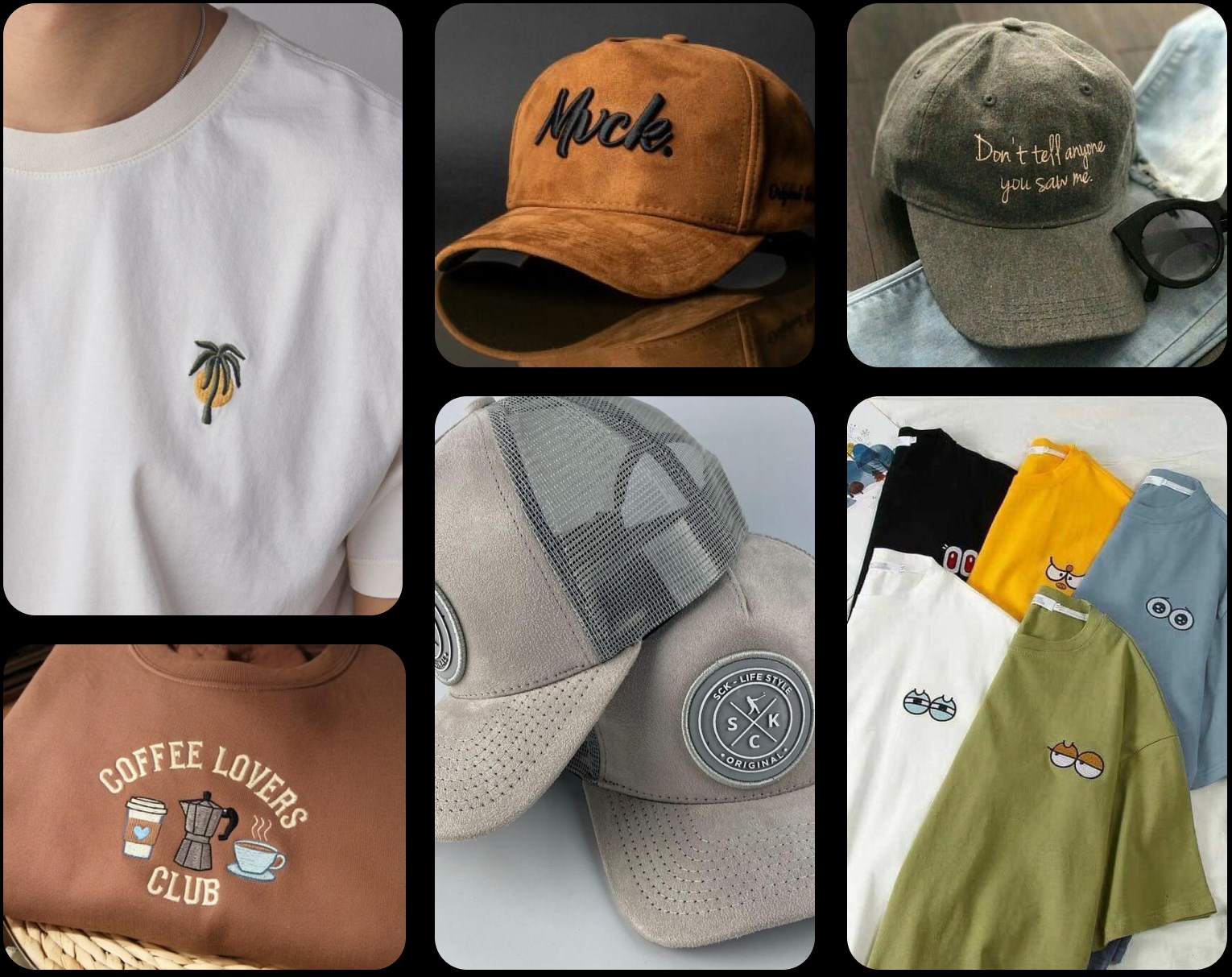 Collection of embroidered apparel and caps